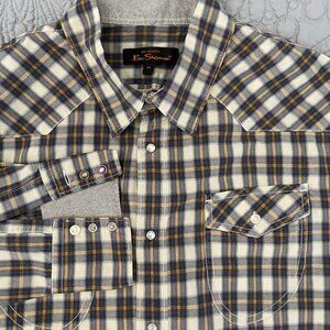 BEN SHERMAN Blue Plaid Western Shirt L/XL Slim Fit Pearl Snaps